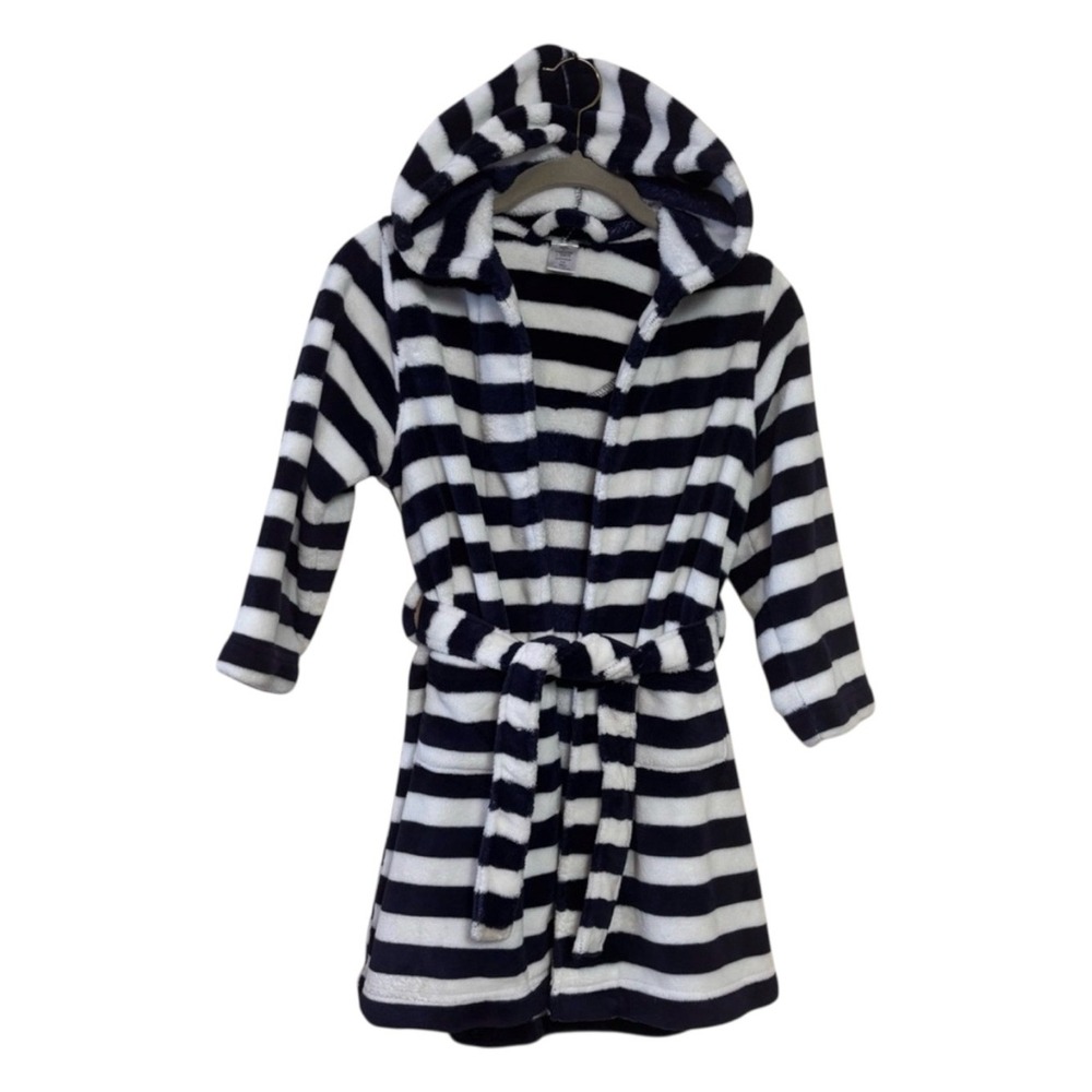 Tucker Tate Boys Kids Robe Hooded Belt Pockets Plush Stripe White Blue Size 5/6